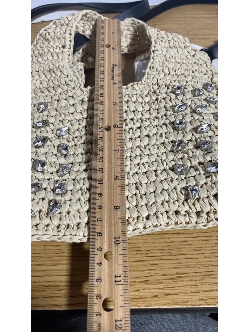 Beige Woven Straw Bag With Rhinestone Accents & Adjustable Strap Minimalist